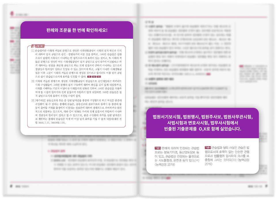 판례와 조문을 한 번에 확인하세요! 법원서기보시험, 법원행시, 법원주사보, 법원사무관시험, 사법시험과 변호사시험, 법무사시험에서 빈출된 기출문제를 O,X로 함께 실었습니다.