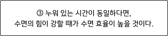 ③ 누워 있는 시간이 동일하다면 수면의 힘이 강할 때가 수면 효율이 높을 것이다.