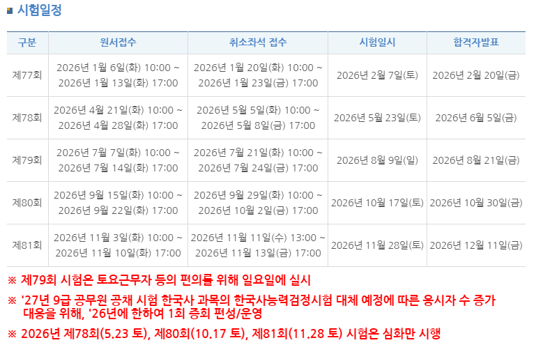 2026년 한국사능력검정시험 일정