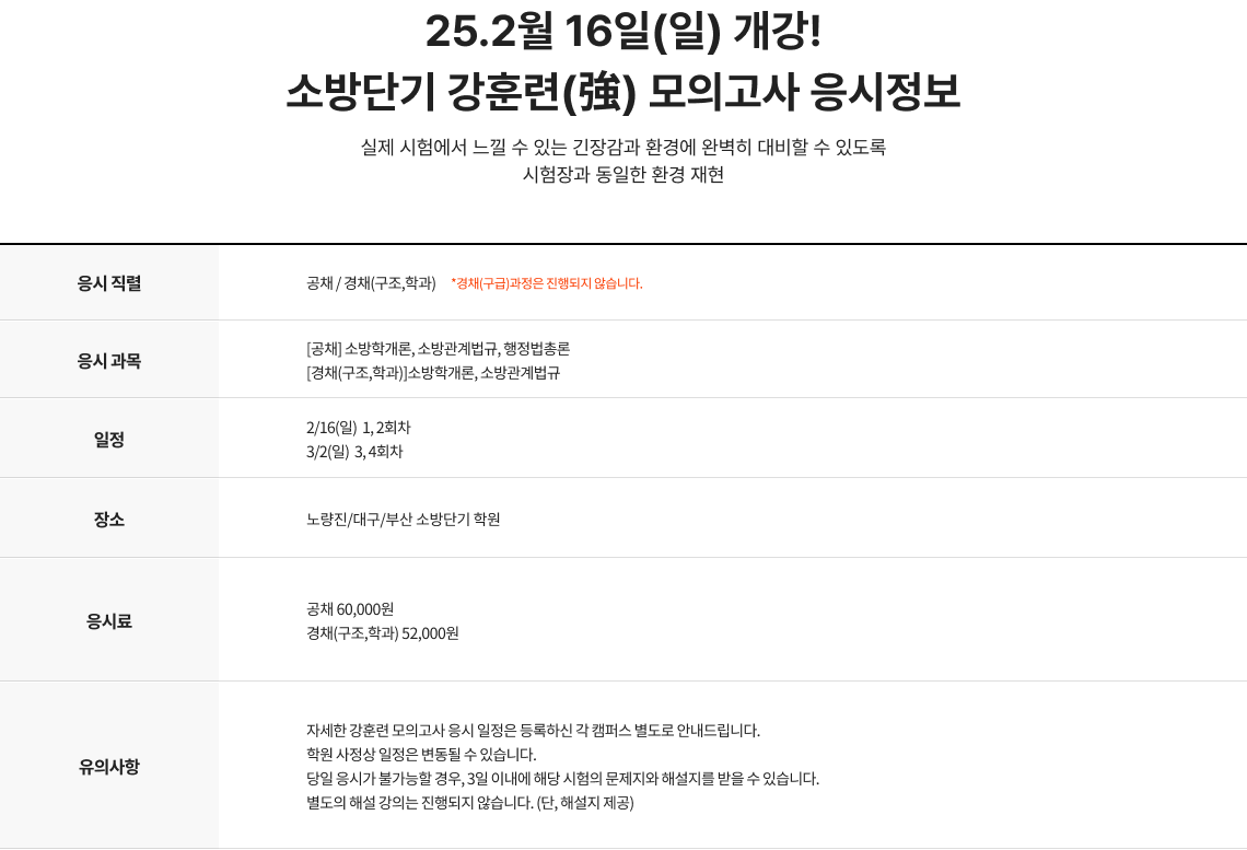 24.5월 19일(일) 개강! 공단기 강(強)훈련 모의고사 응시정보 실제 시험에서 느낄 수 있는 긴장감과 환경에 완벽히 대비할 수 있도록 시험장과 동일한 환경 재현